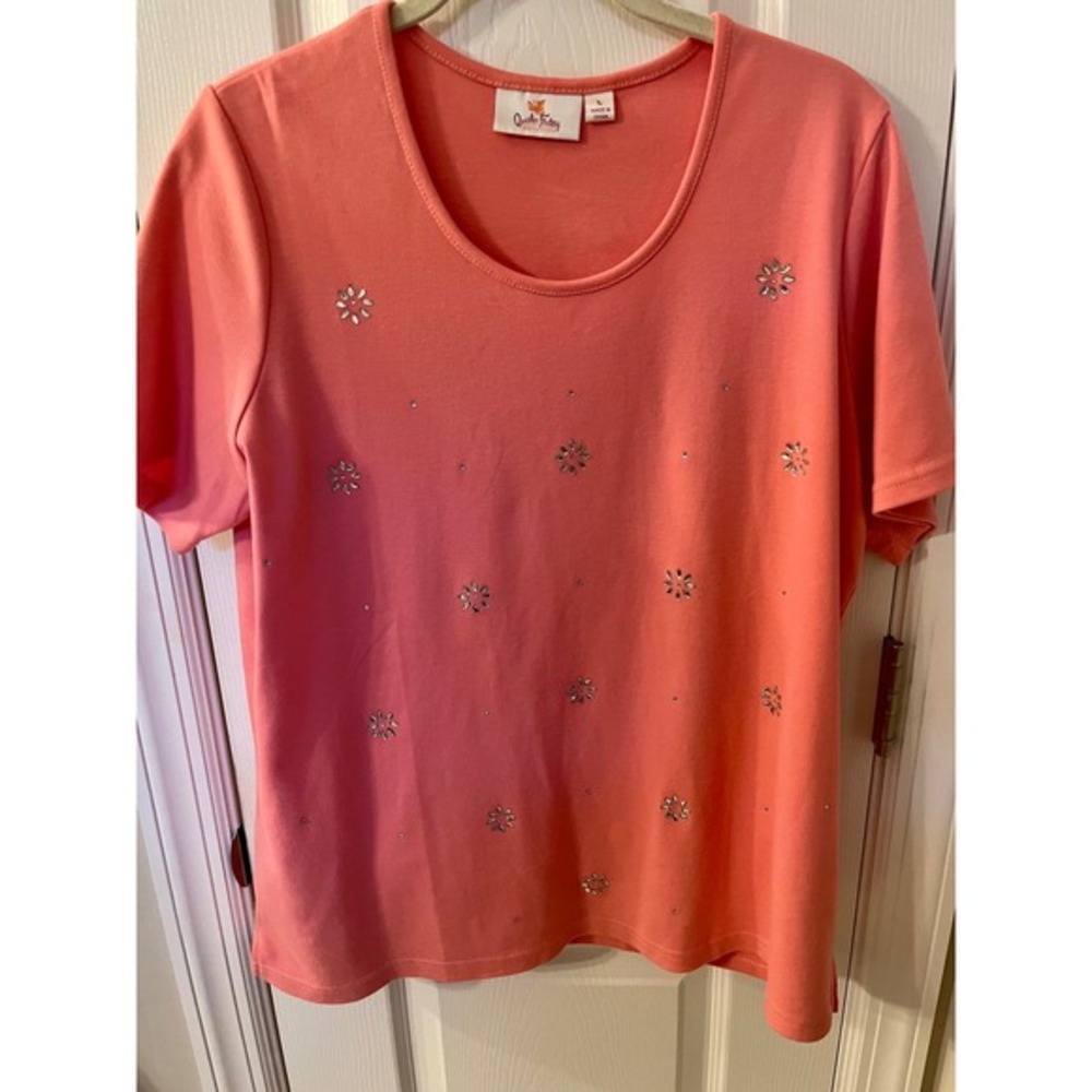 Quacker Factory Embellished Top, Women's Short Sleeve T-Shirt, Coral L